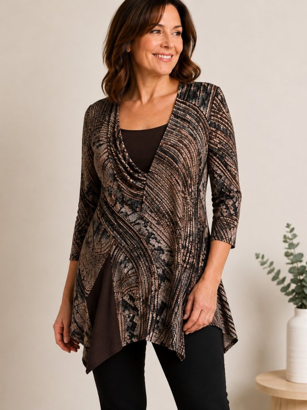 Picadilly Fashions Asymmetrical Draped Top M Brown Abstract Print Made in Canada